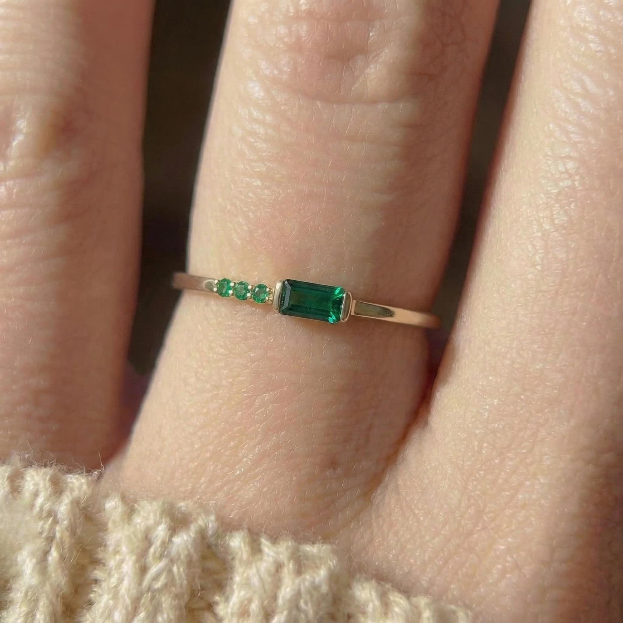 Baguette Green Sapphire Ring | Dainty Minimalist Stacking Band | September Birthstone Ring for Her