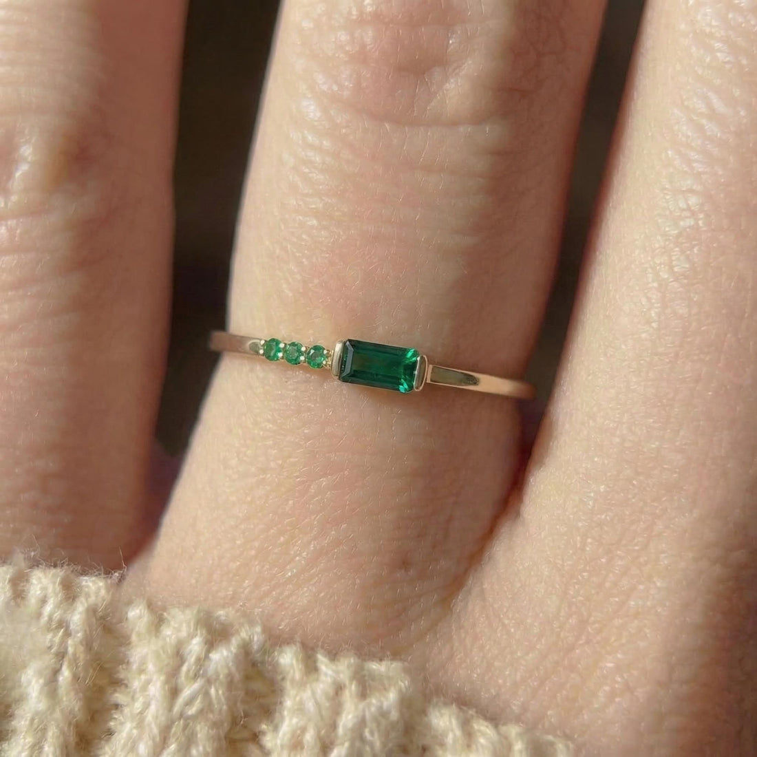 Baguette Green Sapphire Ring | Dainty Minimalist Stacking Band | September Birthstone Ring for Her