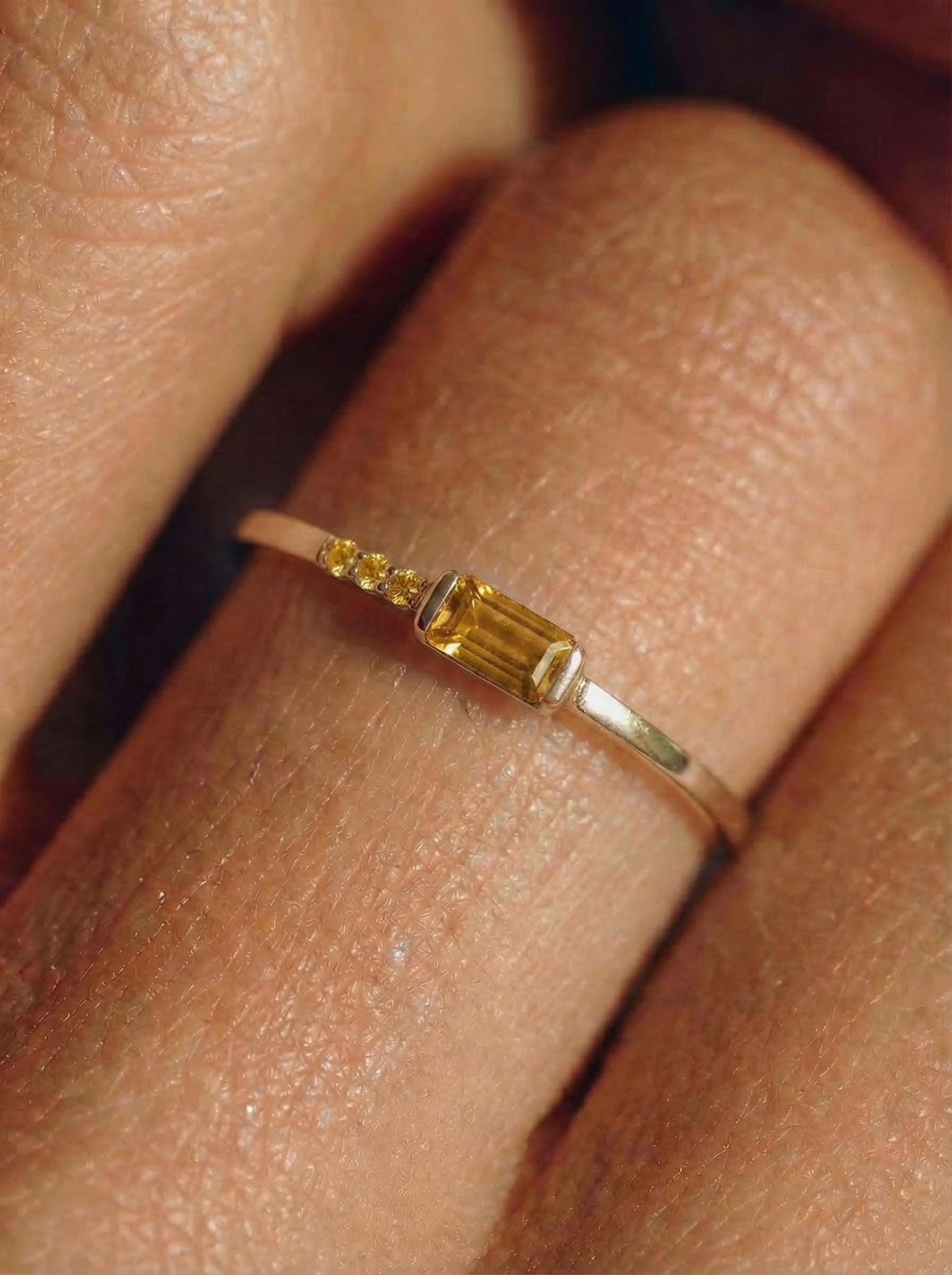 Dainty Baguette Citrine Ring | Minimalist November Birthstone Jewelry | Personalized Ring for Mom & Wife