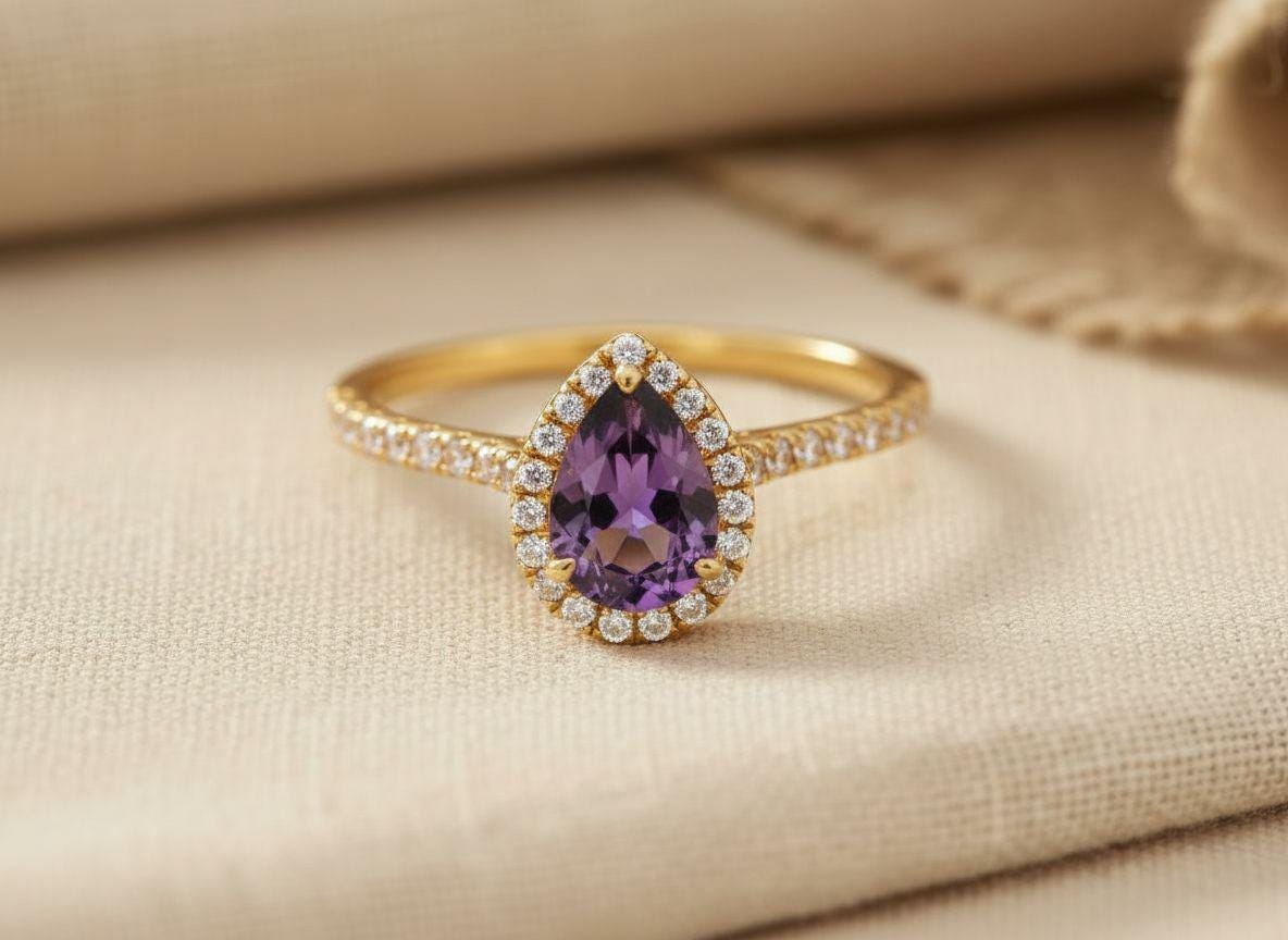 Pear Cut Amethyst Halo Ring, Purple Gemstone Engagement Promise Ring, 14K Gold Silver Bridal Jewelry, Birthstone Gift for Her