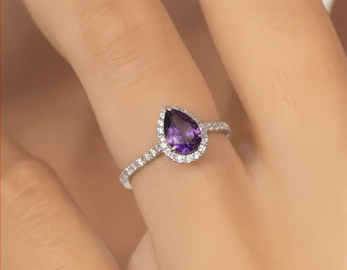 Pear Cut Amethyst Halo Ring, Purple Gemstone Engagement Promise Ring, 14K Gold Silver Bridal Jewelry, Birthstone Gift for Her