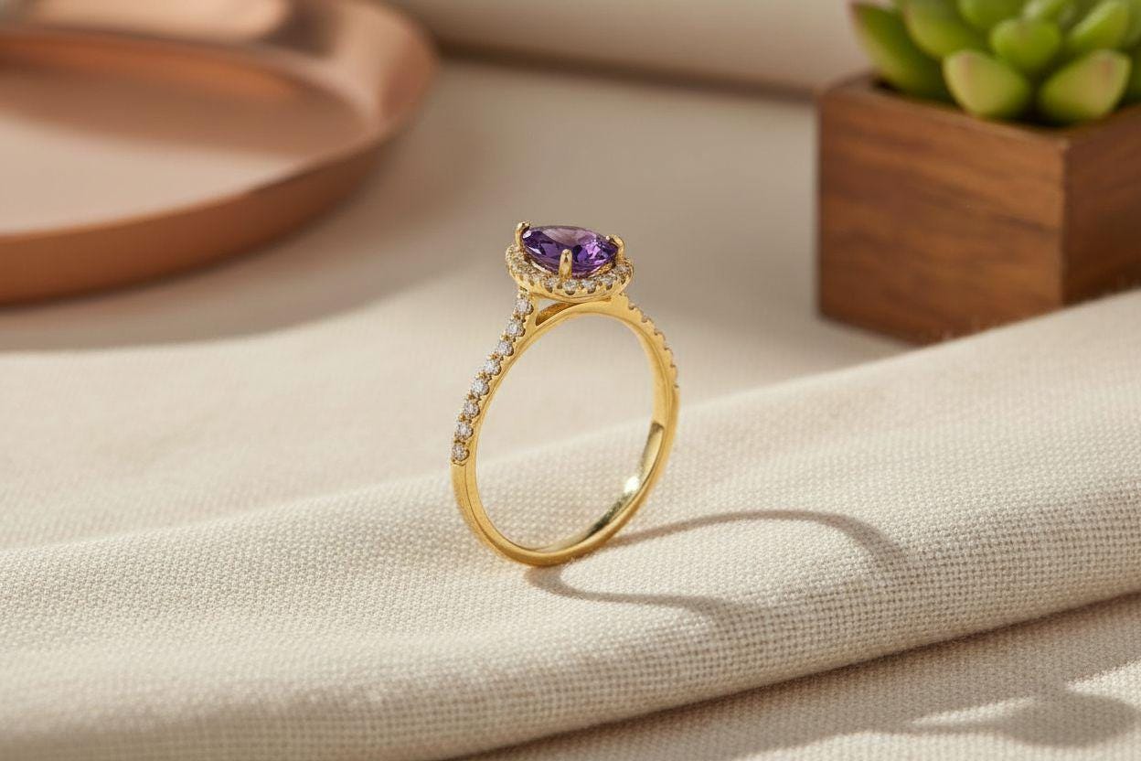 Pear Cut Amethyst Halo Ring, Purple Gemstone Engagement Promise Ring, 14K Gold Silver Bridal Jewelry, Birthstone Gift for Her