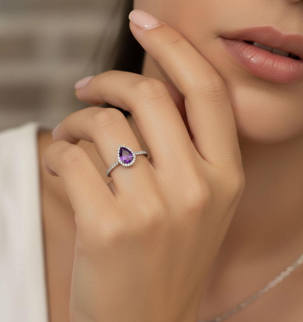 Pear Cut Amethyst Halo Ring, Purple Gemstone Engagement Promise Ring, 14K Gold Silver Bridal Jewelry, Birthstone Gift for Her