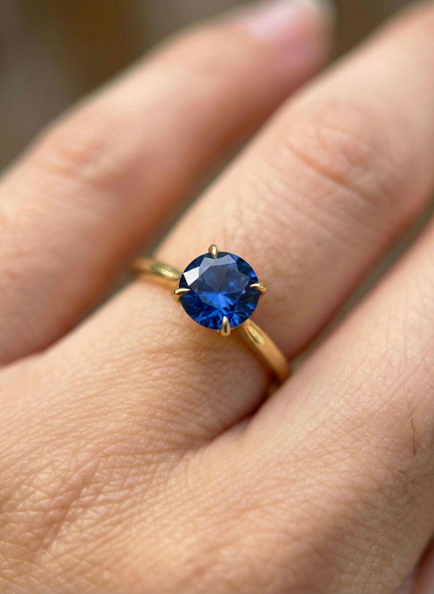 Royal Blue Sapphire Solitaire Engagement Ring, 8mm Round Cut, Double Claw Prong Promise Ring, September Birthstone Jewelry