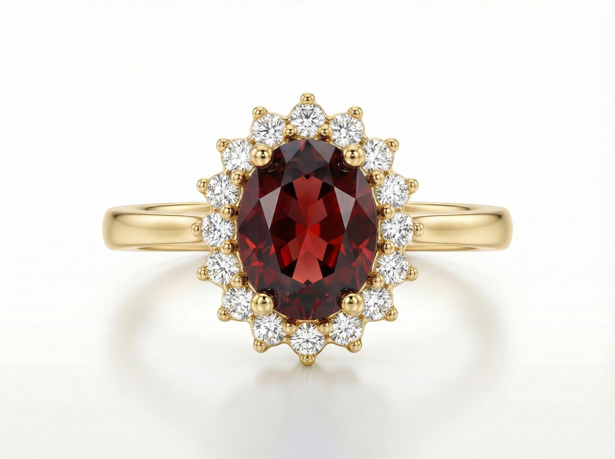 1.25 CT Garnet Oval Halo Ring, Red Gemstone Engagement Cluster Ring, January Birthstone Gift for Her