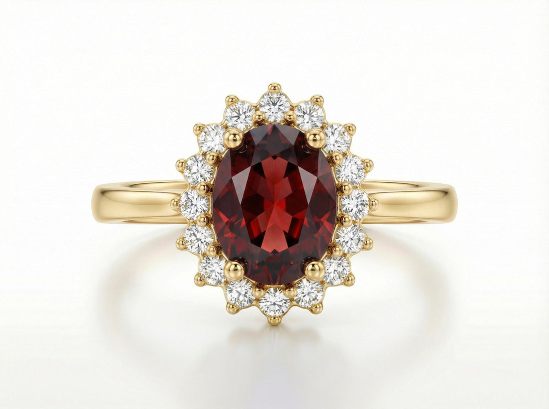 1.25 CT Garnet Oval Halo Ring, Red Gemstone Engagement Cluster Ring, January Birthstone Gift for Her