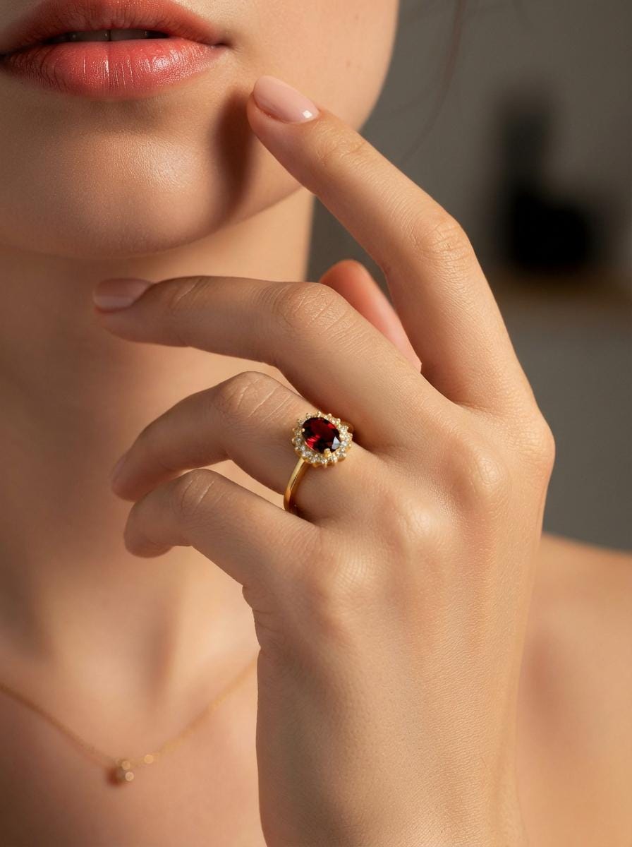 1.25 CT Garnet Oval Halo Ring, Red Gemstone Engagement Cluster Ring, January Birthstone Gift for Her