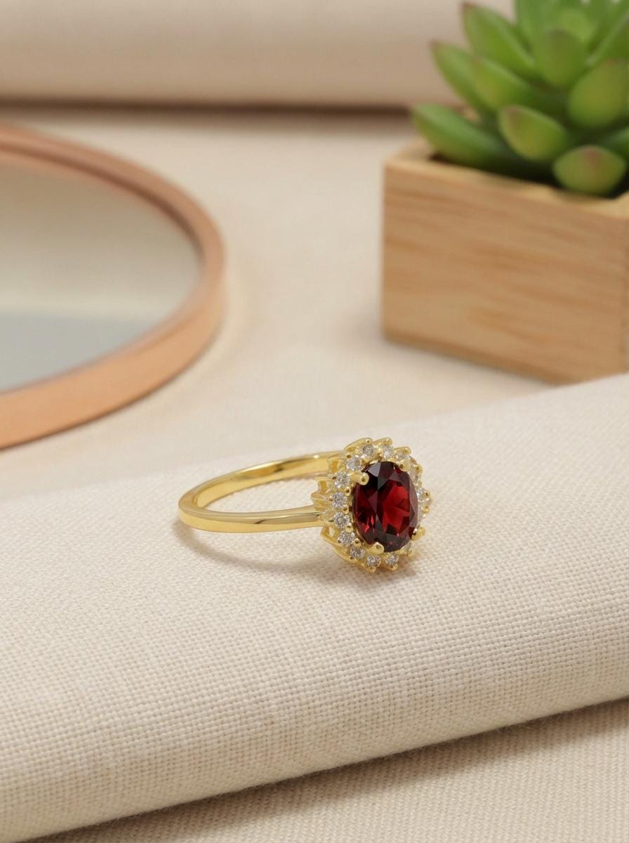 1.25 CT Garnet Oval Halo Ring, Red Gemstone Engagement Cluster Ring, January Birthstone Gift for Her