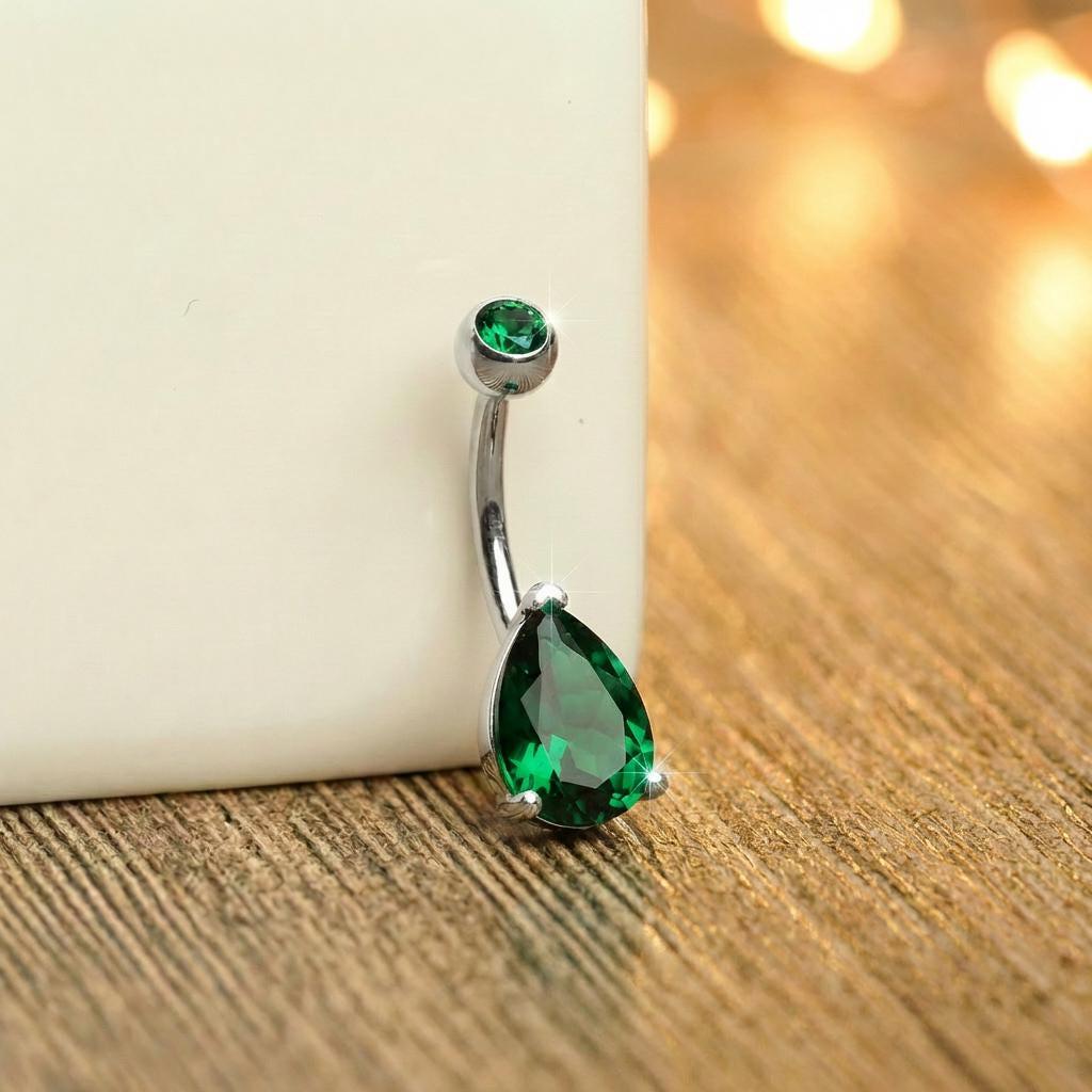 Sparkling Teardrop Emerald Belly Button Ring | Gold Tone Dangle Navel Piercing | Elegant Body Jewelry Gift for Her