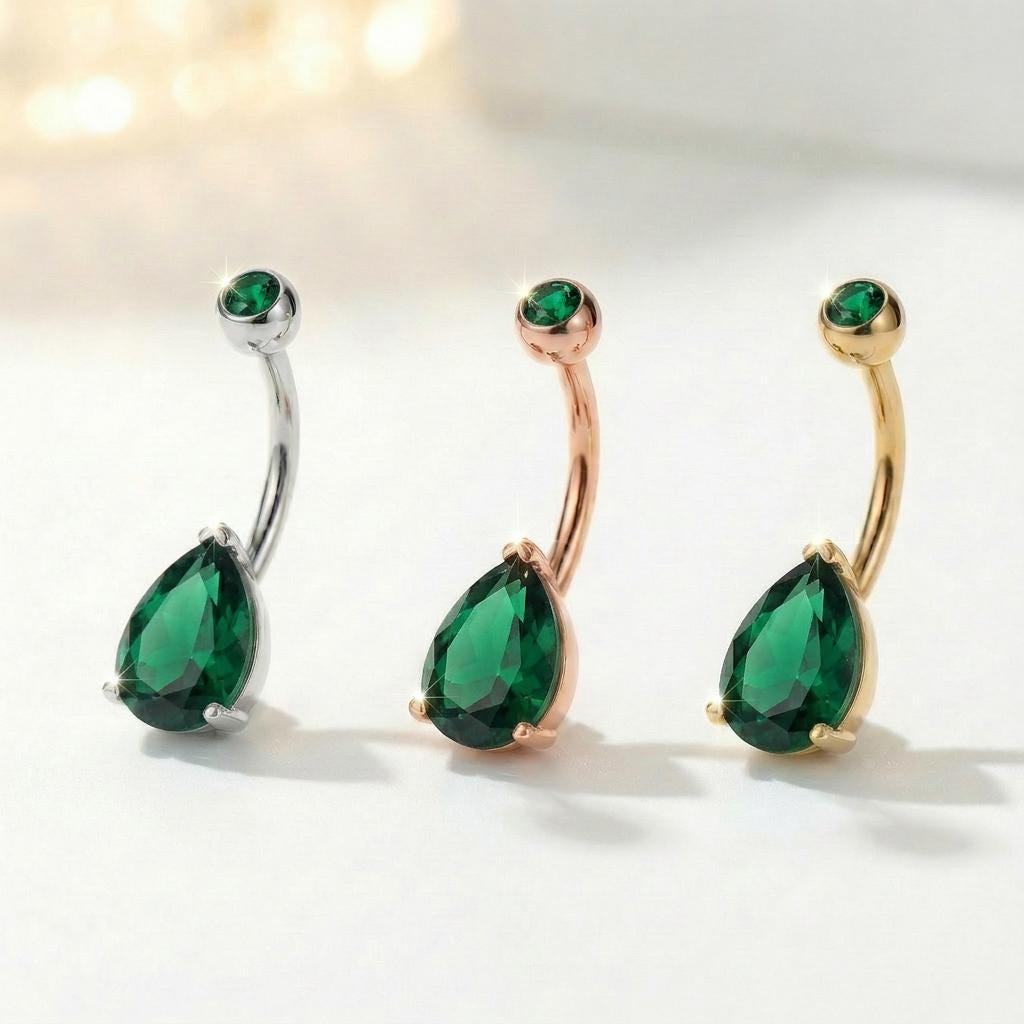 Sparkling Teardrop Emerald Belly Button Ring | Gold Tone Dangle Navel Piercing | Elegant Body Jewelry Gift for Her