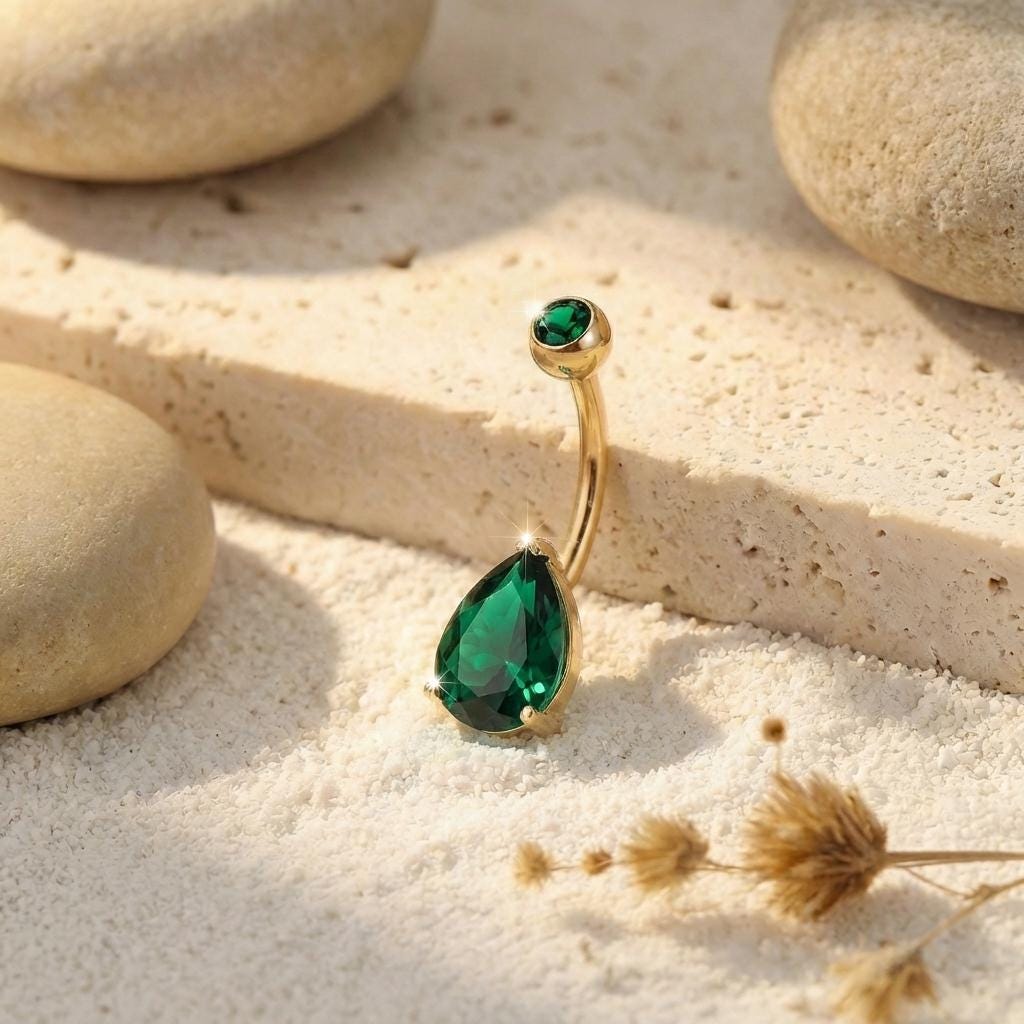 Sparkling Teardrop Emerald Belly Button Ring | Gold Tone Dangle Navel Piercing | Elegant Body Jewelry Gift for Her