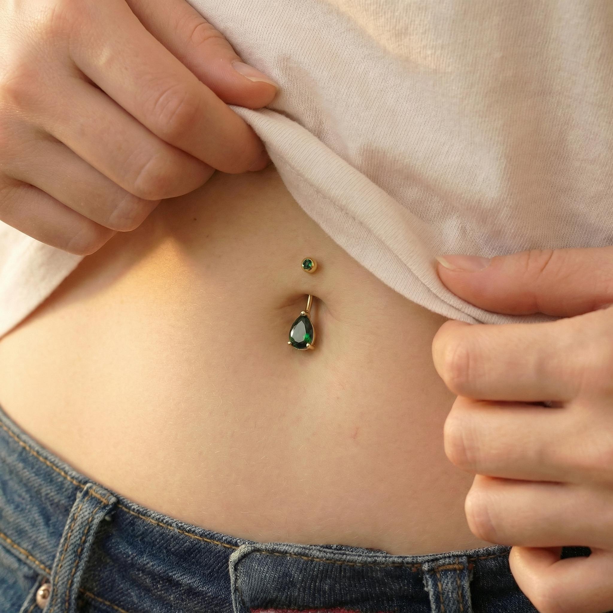 Sparkling Teardrop Emerald Belly Button Ring | Gold Tone Dangle Navel Piercing | Elegant Body Jewelry Gift for Her
