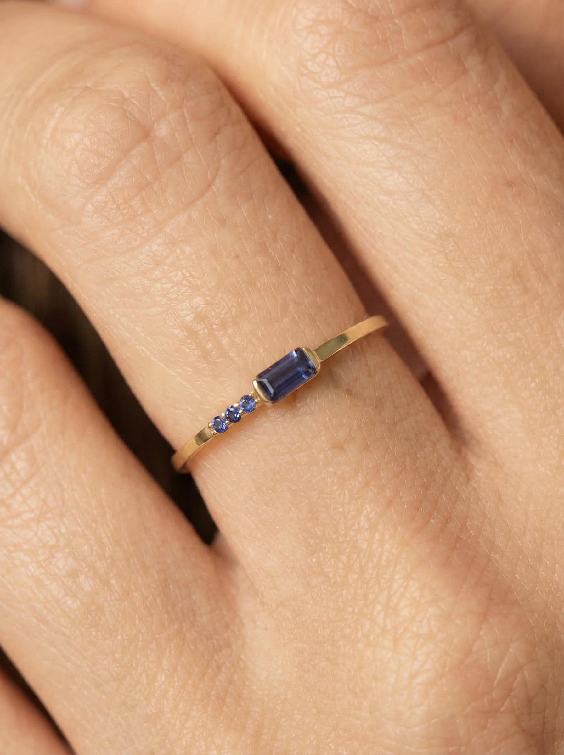Dainty Baguette Sapphire Ring with Diamonds, 14K Gold Minimalist Stacking Ring, Delicate Blue Gemstone Engagement Ring, Septembe