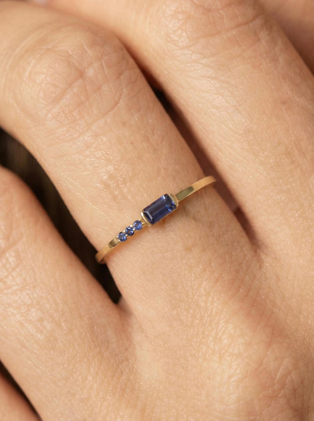 Dainty Baguette Sapphire Ring with Diamonds, 14K Gold Minimalist Stacking Ring, Delicate Blue Gemstone Engagement Ring, Septembe