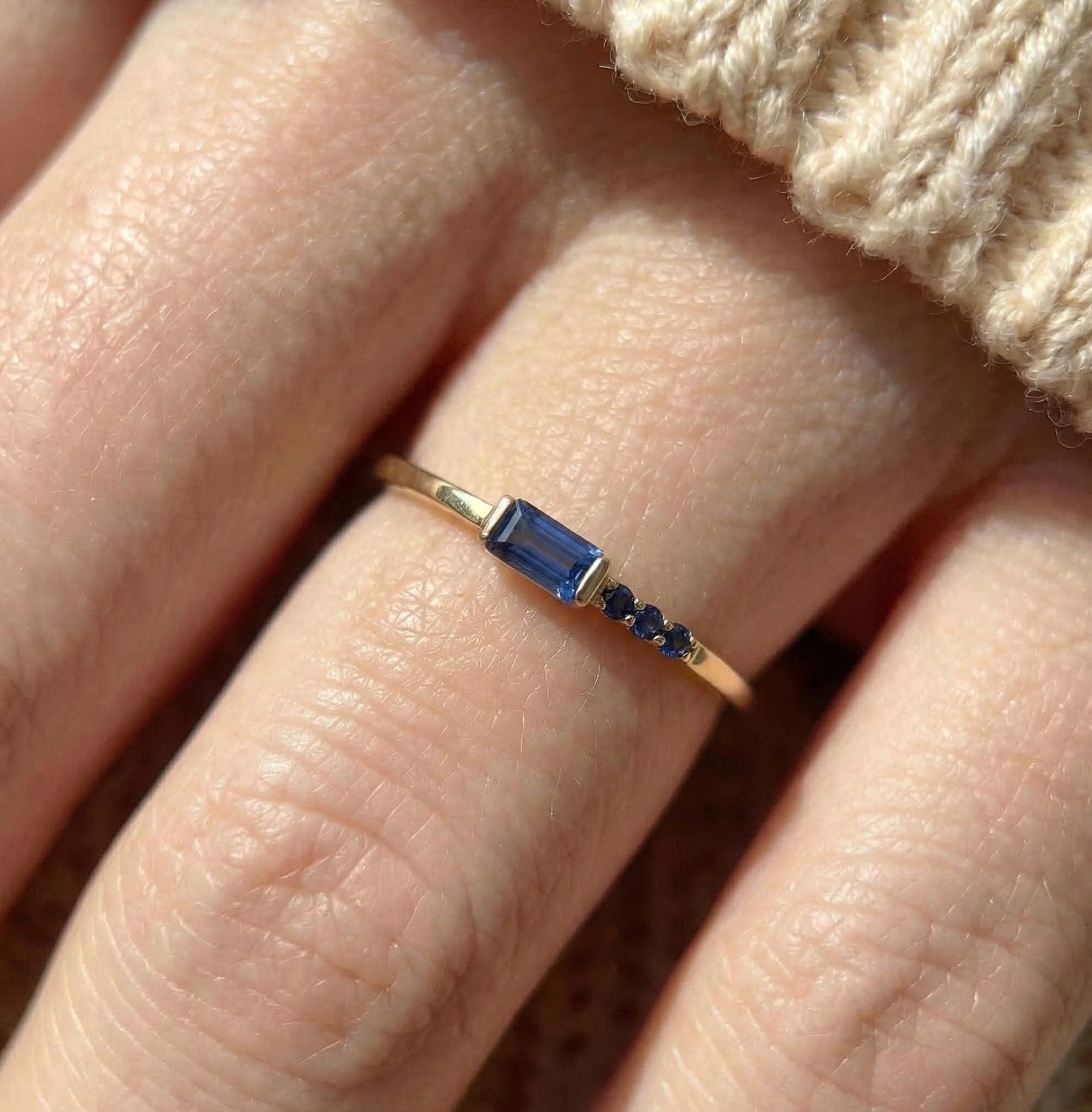 Dainty Baguette Sapphire Ring with Diamonds, 14K Gold Minimalist Stacking Ring, Delicate Blue Gemstone Engagement Ring, Septembe