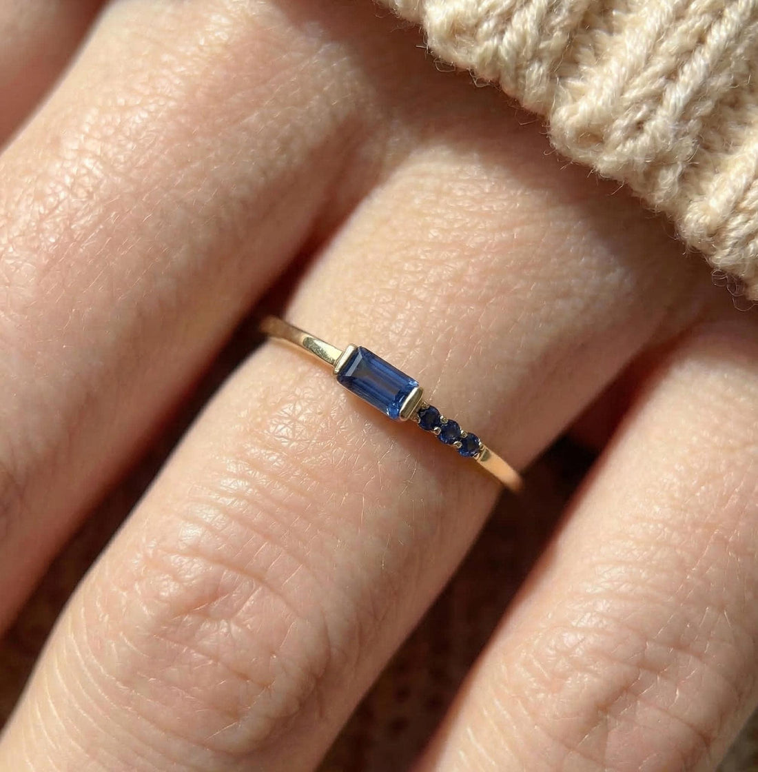 Dainty Baguette Sapphire Ring with Diamonds, 14K Gold Minimalist Stacking Ring, Delicate Blue Gemstone Engagement Ring, Septembe