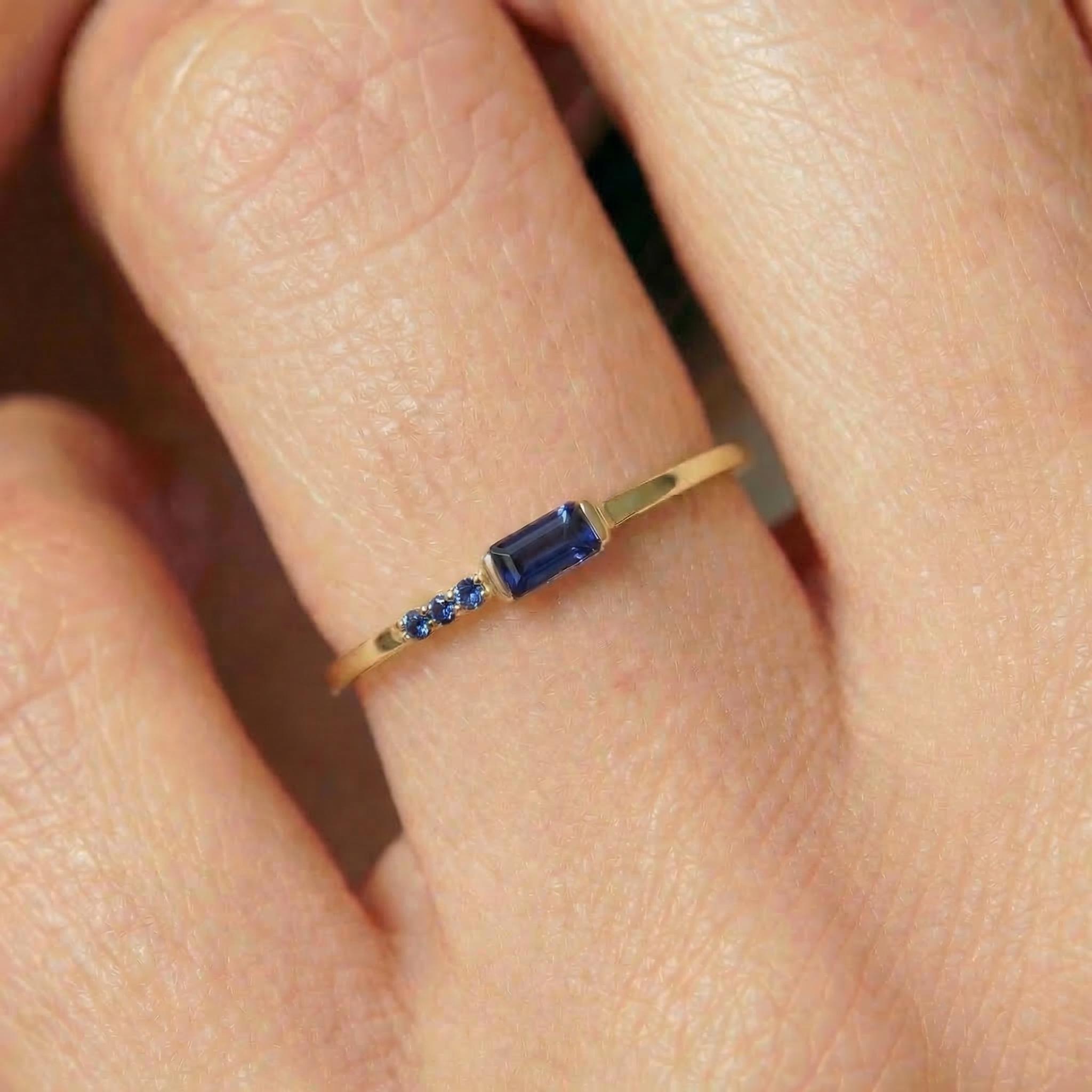 Dainty Baguette Sapphire Ring with Diamonds, 14K Gold Minimalist Stacking Ring, Delicate Blue Gemstone Engagement Ring, Septembe