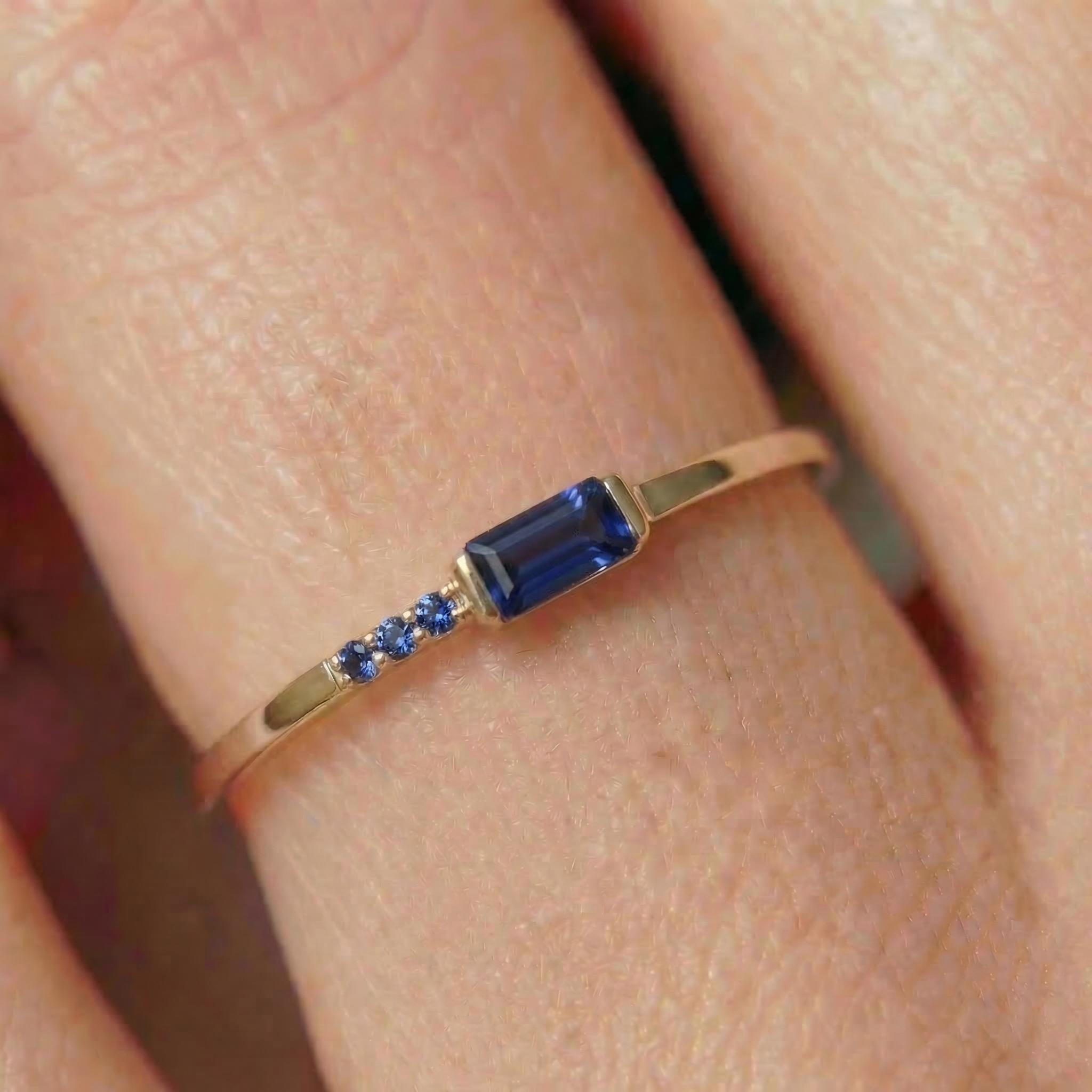 Dainty Baguette Sapphire Ring with Diamonds, 14K Gold Minimalist Stacking Ring, Delicate Blue Gemstone Engagement Ring, Septembe