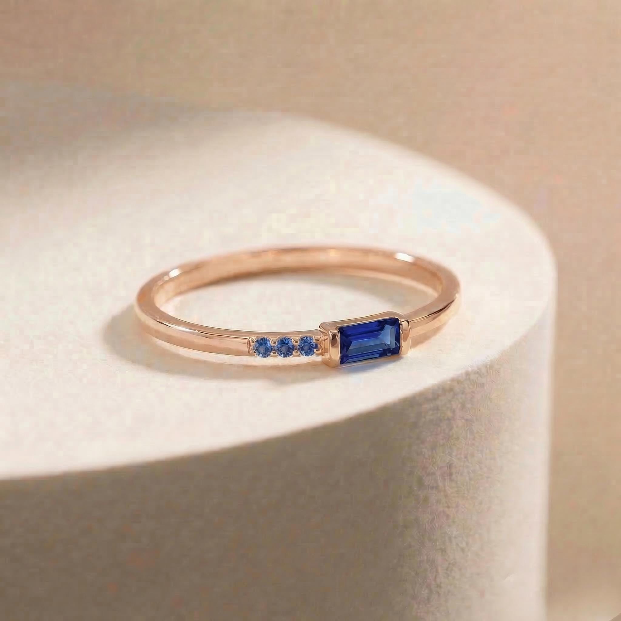 Dainty Baguette Sapphire Ring with Diamonds, 14K Gold Minimalist Stacking Ring, Delicate Blue Gemstone Engagement Ring, Septembe