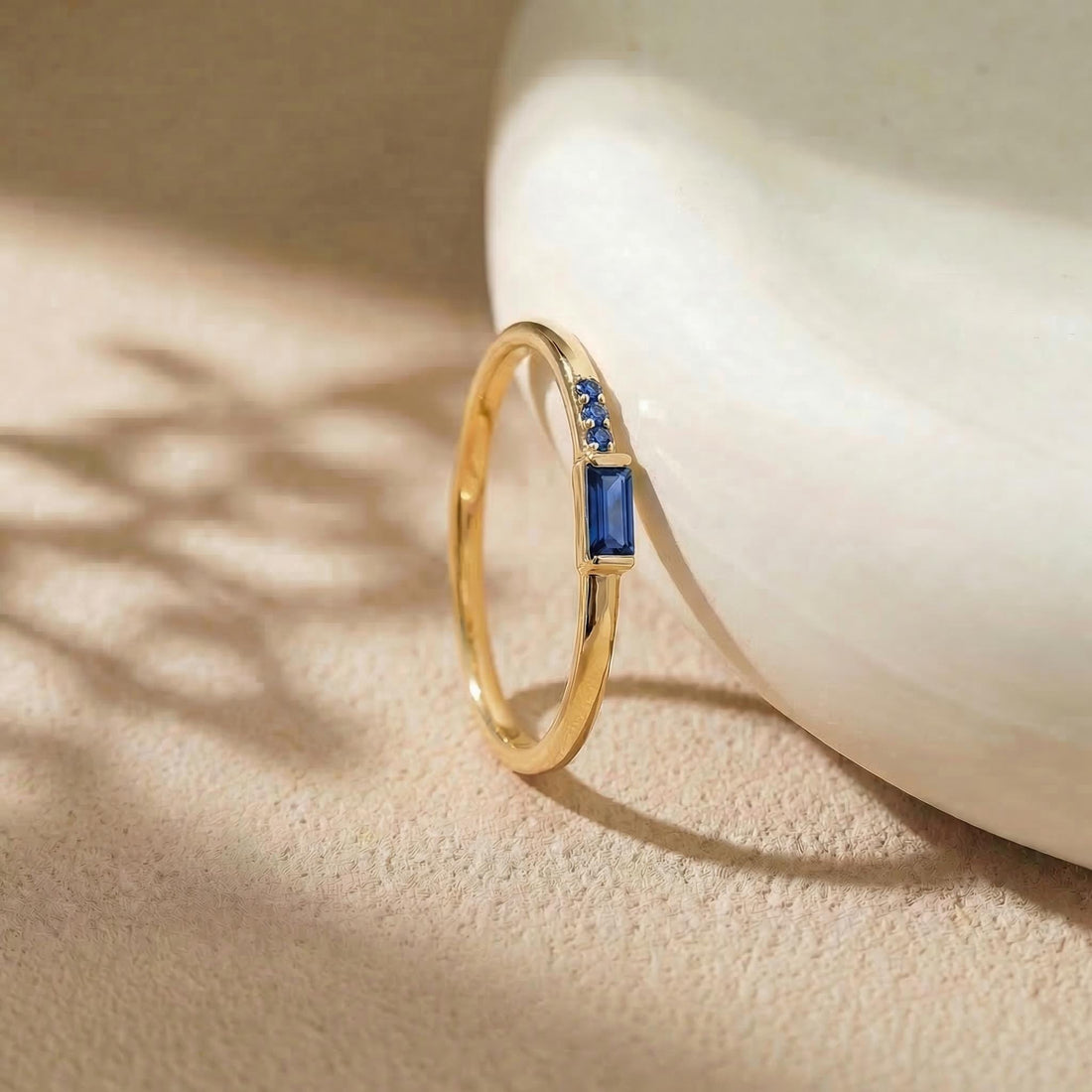 Dainty Baguette Sapphire Ring with Diamonds, 14K Gold Minimalist Stacking Ring, Delicate Blue Gemstone Engagement Ring, Septembe