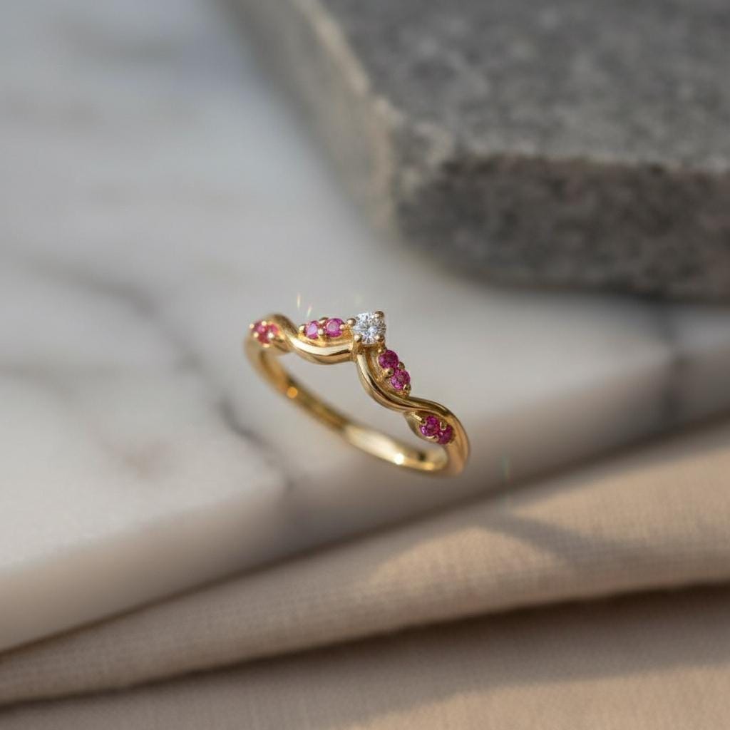 Pink Tourmaline Curved Wedding Band Chevron Stacking Ring Art Deco Contour Band Vibrant Pink Gemstone Ring October Birthstone Promise Ring