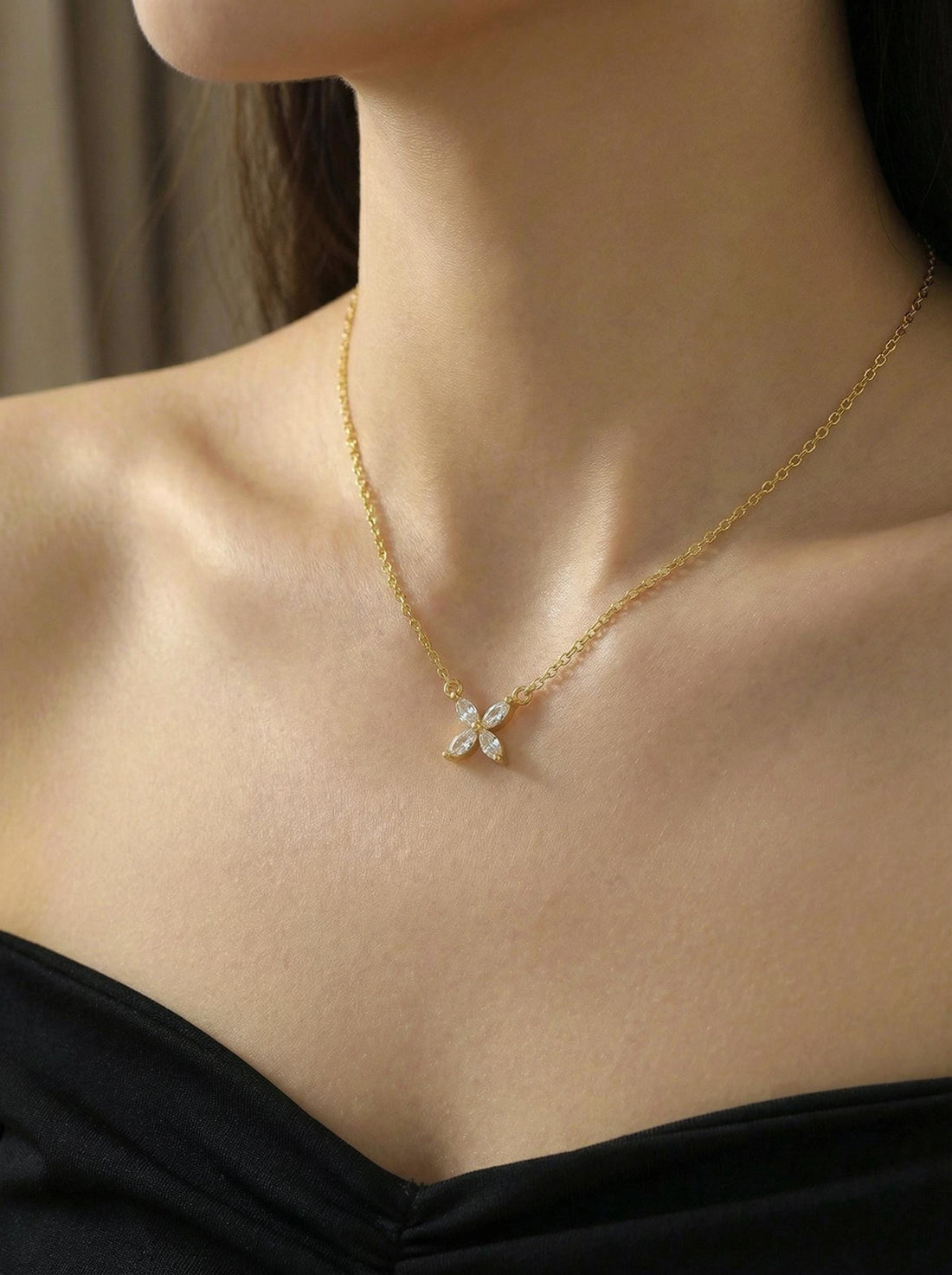 Bridesmaid Gift Moissanite Necklace, Marquise Flower Pendant, Dainty Silver Charm, Minimalist Bridal Party Jewelry, 4 Stone Starburst Choker
