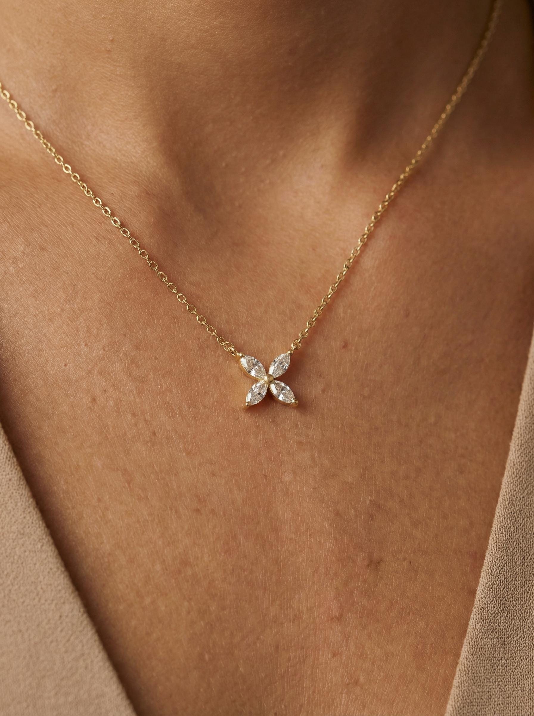 Bridesmaid Gift Moissanite Necklace, Marquise Flower Pendant, Dainty Silver Charm, Minimalist Bridal Party Jewelry, 4 Stone Starburst Choker