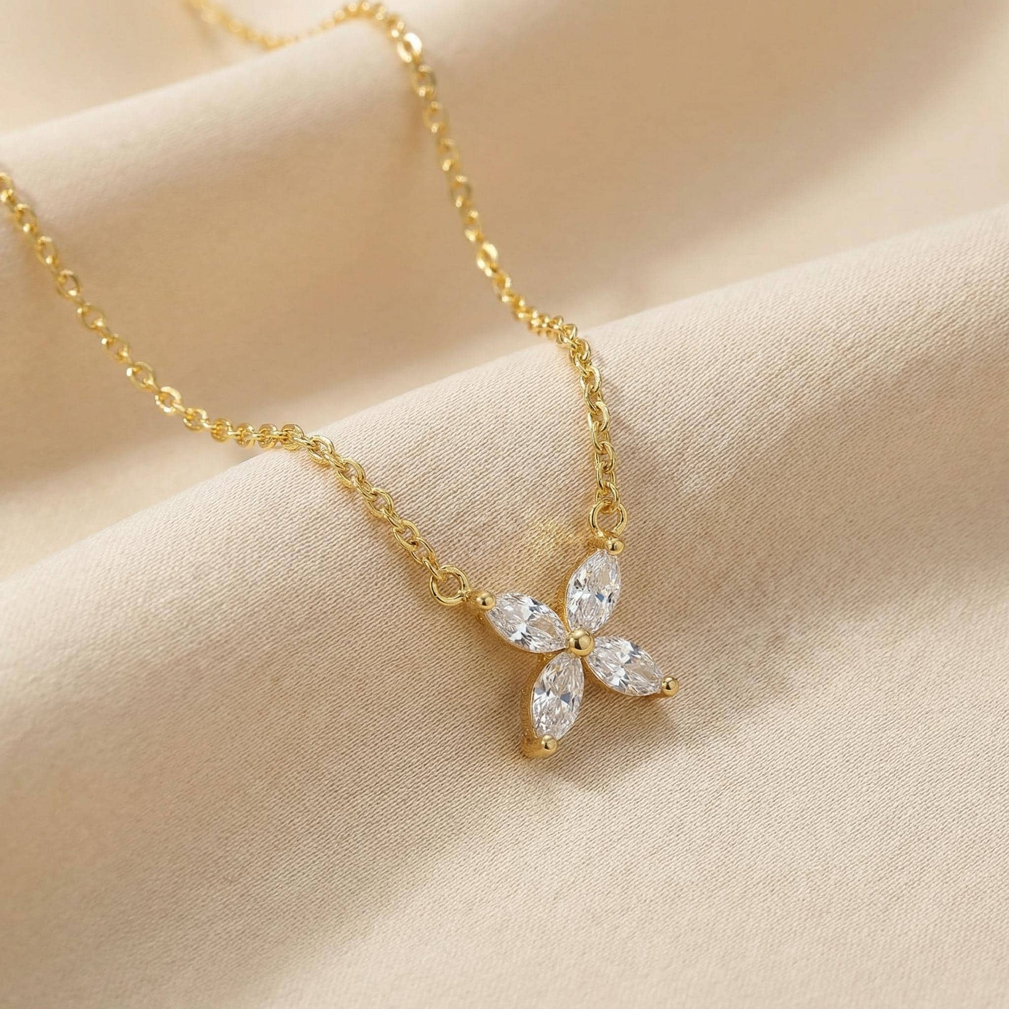 Bridesmaid Gift Moissanite Necklace, Marquise Flower Pendant, Dainty Silver Charm, Minimalist Bridal Party Jewelry, 4 Stone Starburst Choker
