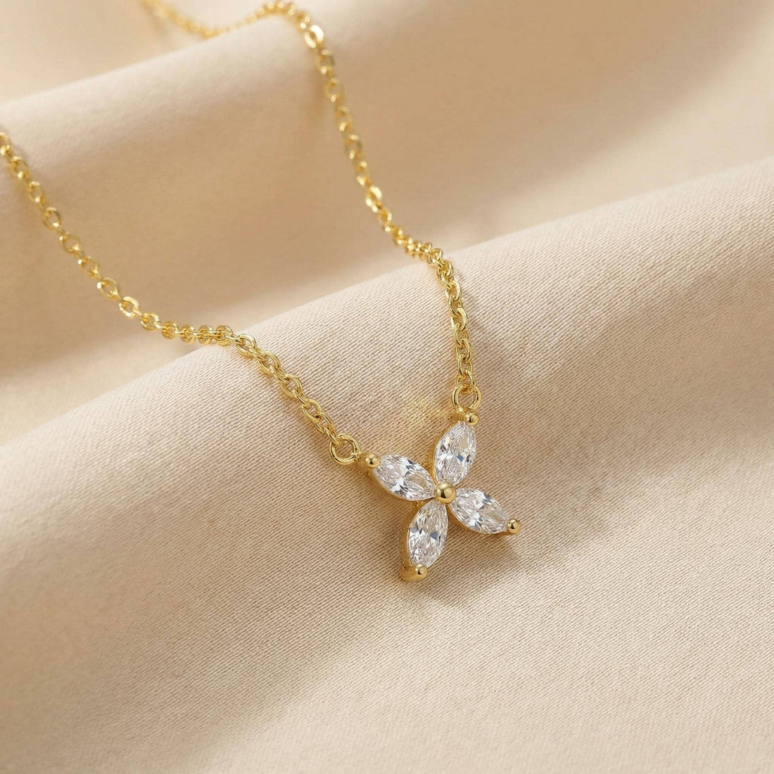 Bridesmaid Gift Moissanite Necklace, Marquise Flower Pendant, Dainty Silver Charm, Minimalist Bridal Party Jewelry, 4 Stone Starburst Choker