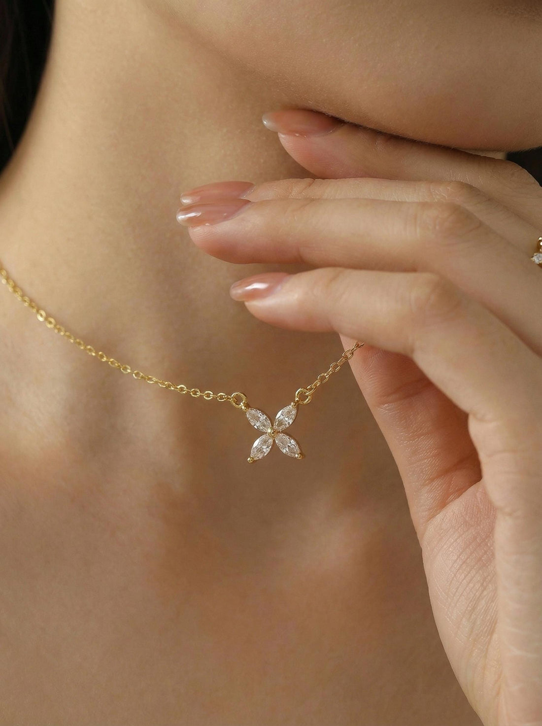 Bridesmaid Gift Moissanite Necklace, Marquise Flower Pendant, Dainty Silver Charm, Minimalist Bridal Party Jewelry, 4 Stone Starburst Choker
