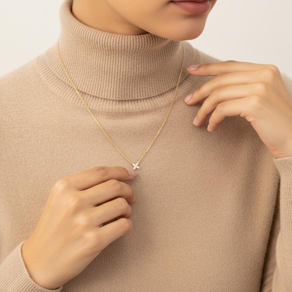 Bridesmaid Gift Moissanite Necklace, Marquise Flower Pendant, Dainty Silver Charm, Minimalist Bridal Party Jewelry, 4 Stone Starburst Choker