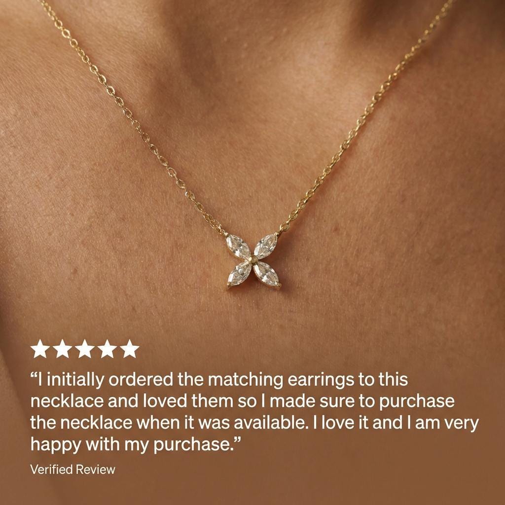 Bridesmaid Gift Moissanite Necklace, Marquise Flower Pendant, Dainty Silver Charm, Minimalist Bridal Party Jewelry, 4 Stone Starburst Choker