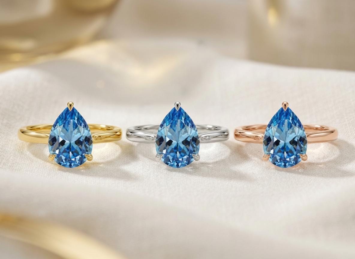Blue Zircon Birthstone  Ring, Pear Cut Solitaire Engagement Ring, December Gemstone, Teardrop Promise Ring