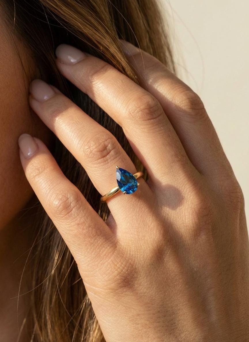 Blue Zircon Birthstone  Ring, Pear Cut Solitaire Engagement Ring, December Gemstone, Teardrop Promise Ring