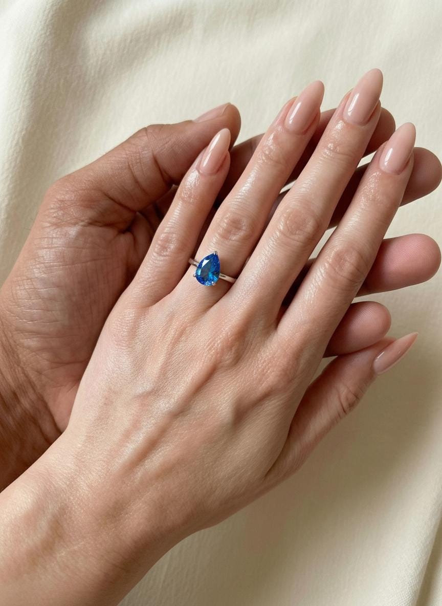 Blue Zircon Birthstone  Ring, Pear Cut Solitaire Engagement Ring, December Gemstone, Teardrop Promise Ring