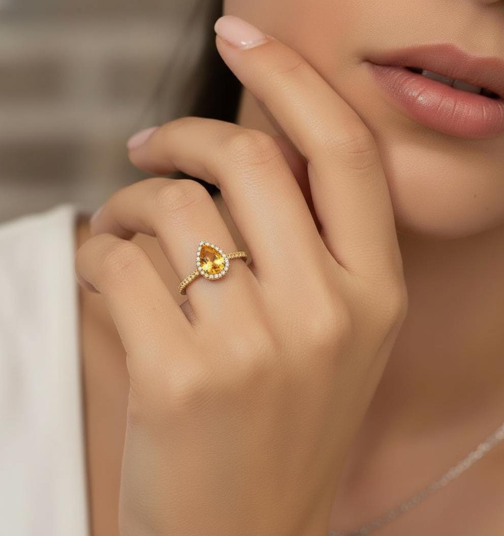 Citrine Birthstone Engagement Ring November Birthstone Ring Halo Engagement Ring 14K Gold Promise Ring Bridal Jewelry Gift for Her