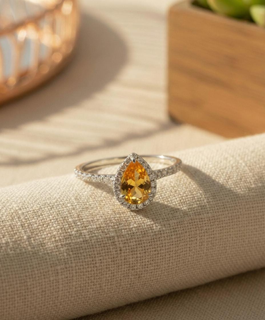 Citrine Birthstone Engagement Ring November Birthstone Ring Halo Engagement Ring 14K Gold Promise Ring Bridal Jewelry Gift for Her