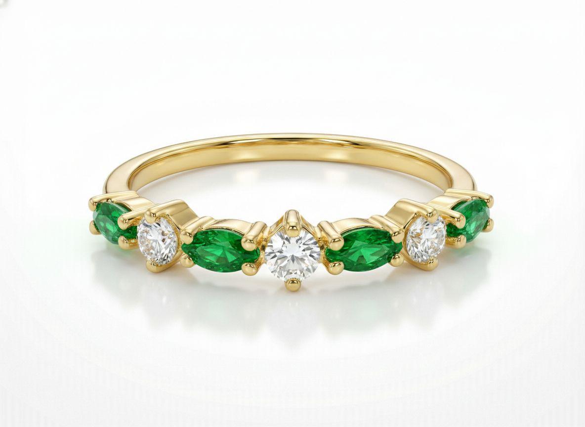 Graduation Gift Emerald Ring, Marquise and Round Band, Alternating Green Gemstone Half Eternity, Vintage Art Deco Style, May Birthstone