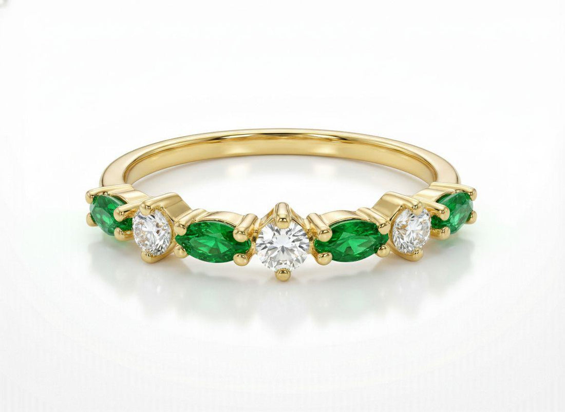 Graduation Gift Emerald Ring, Marquise and Round Band, Alternating Green Gemstone Half Eternity, Vintage Art Deco Style, May Birthstone