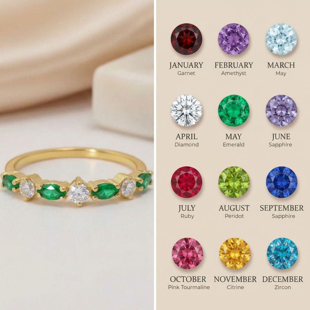 Graduation Gift Emerald Ring, Marquise and Round Band, Alternating Green Gemstone Half Eternity, Vintage Art Deco Style, May Birthstone