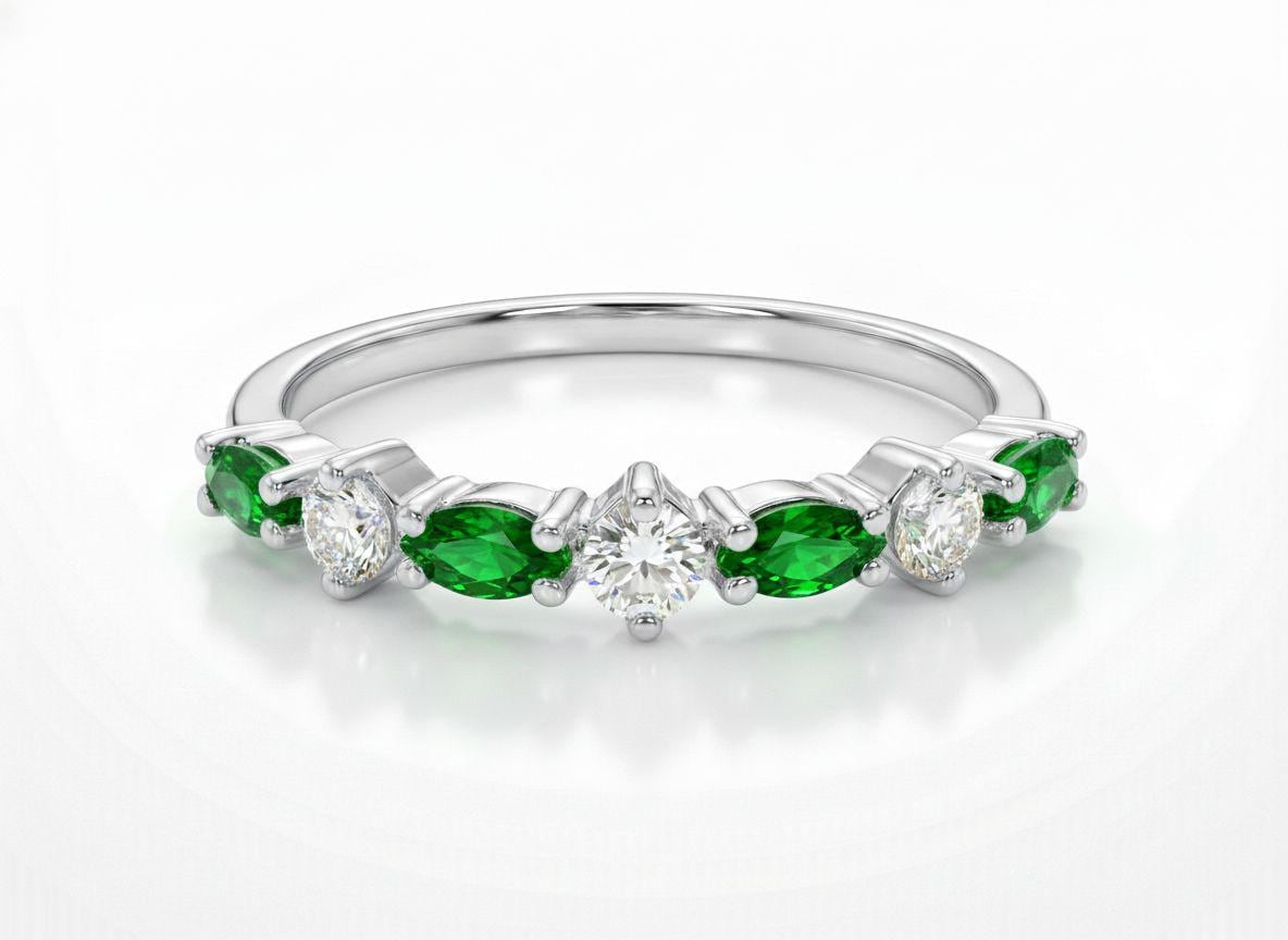 Graduation Gift Emerald Ring, Marquise and Round Band, Alternating Green Gemstone Half Eternity, Vintage Art Deco Style, May Birthstone