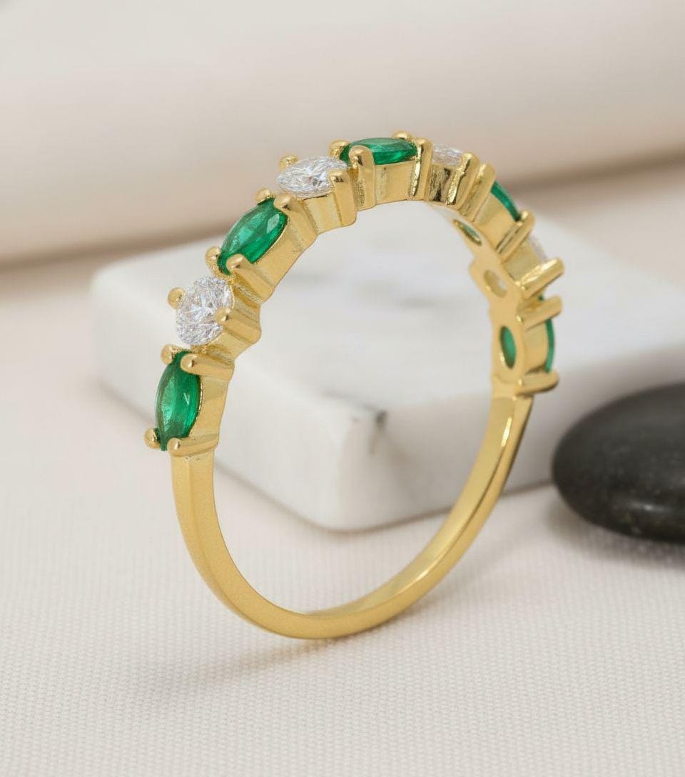 Graduation Gift Emerald Ring, Marquise and Round Band, Alternating Green Gemstone Half Eternity, Vintage Art Deco Style, May Birthstone