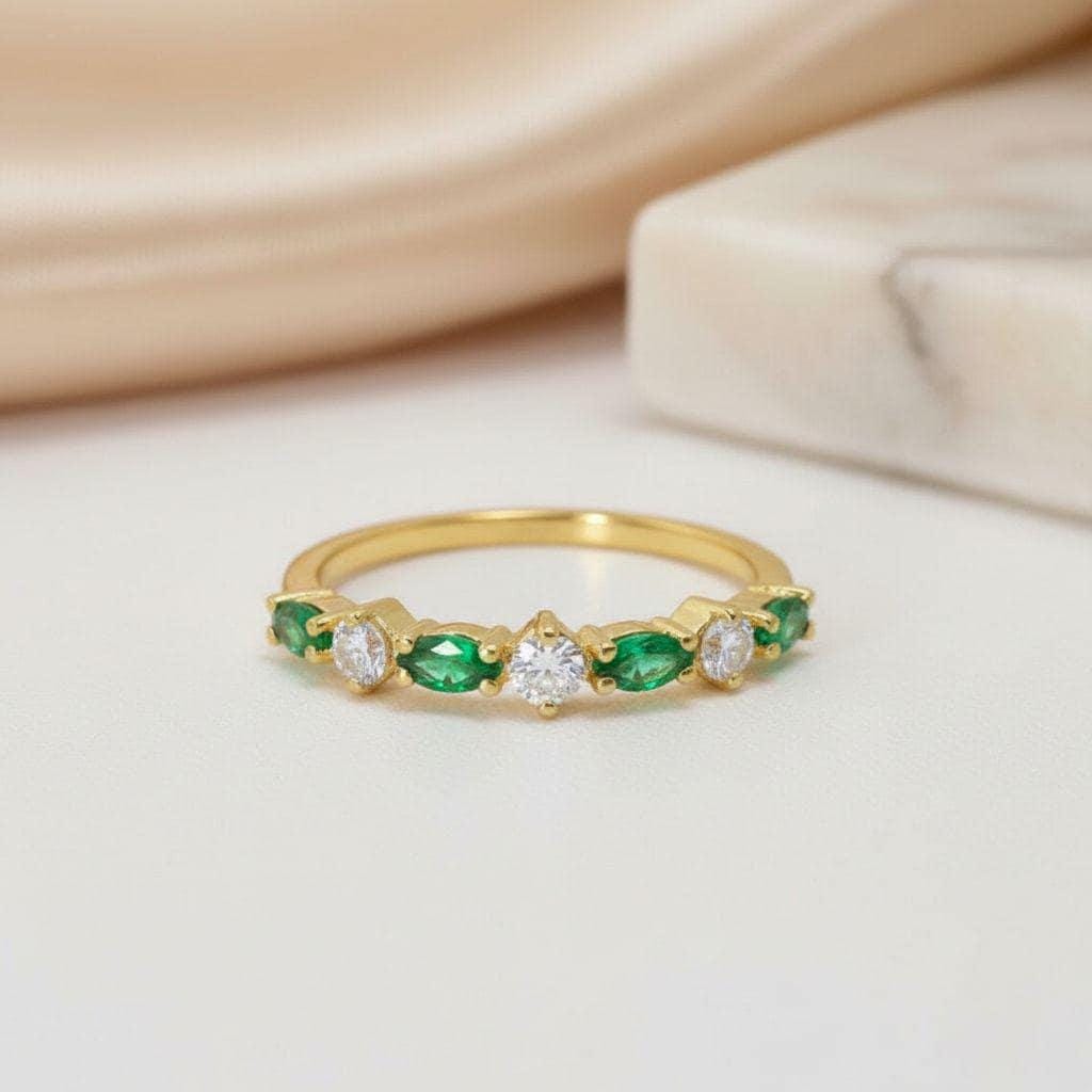 Graduation Gift Emerald Ring, Marquise and Round Band, Alternating Green Gemstone Half Eternity, Vintage Art Deco Style, May Birthstone