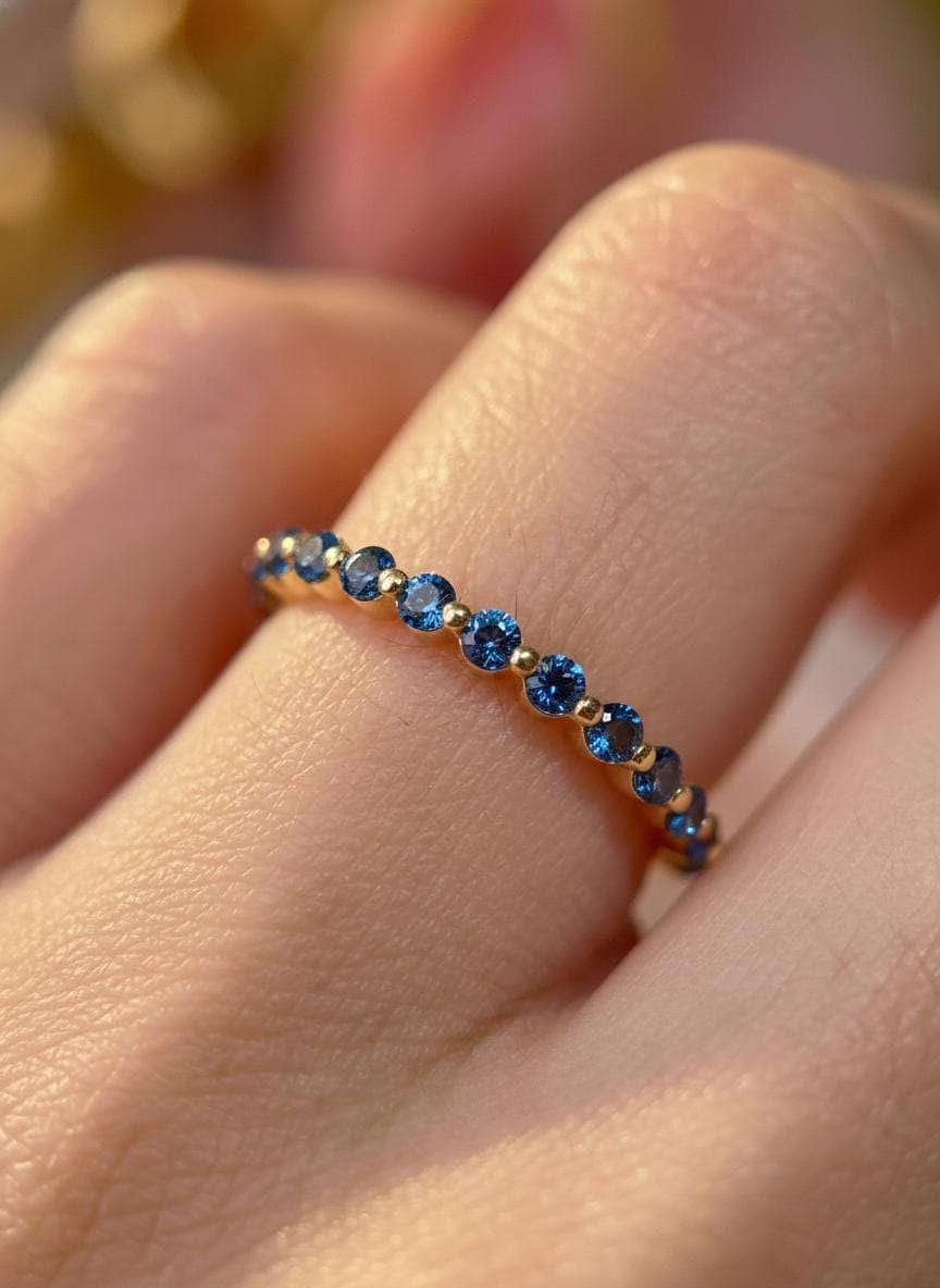 2.0 mm Single Prong London Blue Topaz Ring, November Birthstone, Half Eternity Stackable Band, Bubble Band Gift for Her