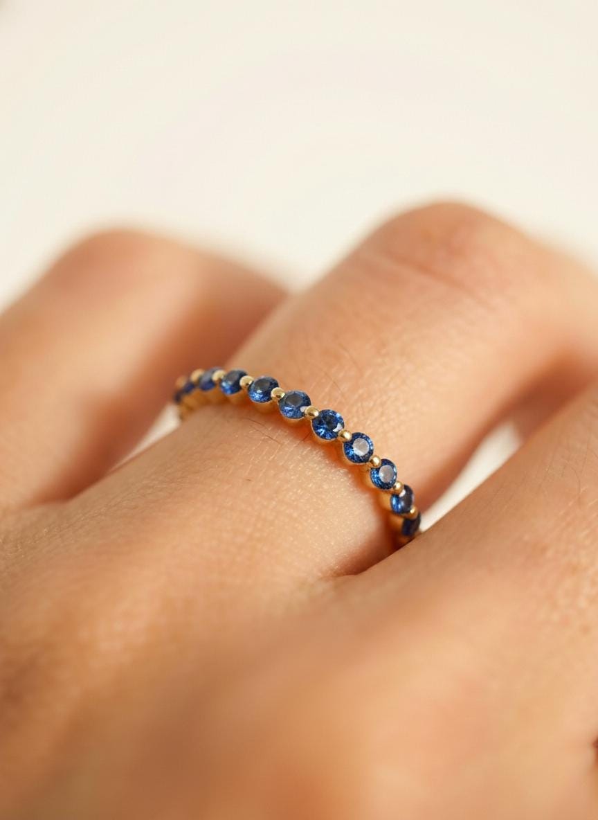 2.0 mm Single Prong London Blue Topaz Ring, November Birthstone, Half Eternity Stackable Band, Bubble Band Gift for Her