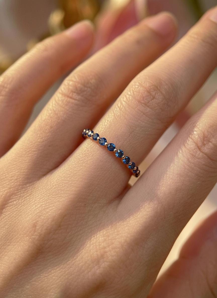 2.0 mm Single Prong London Blue Topaz Ring, November Birthstone, Half Eternity Stackable Band, Bubble Band Gift for Her