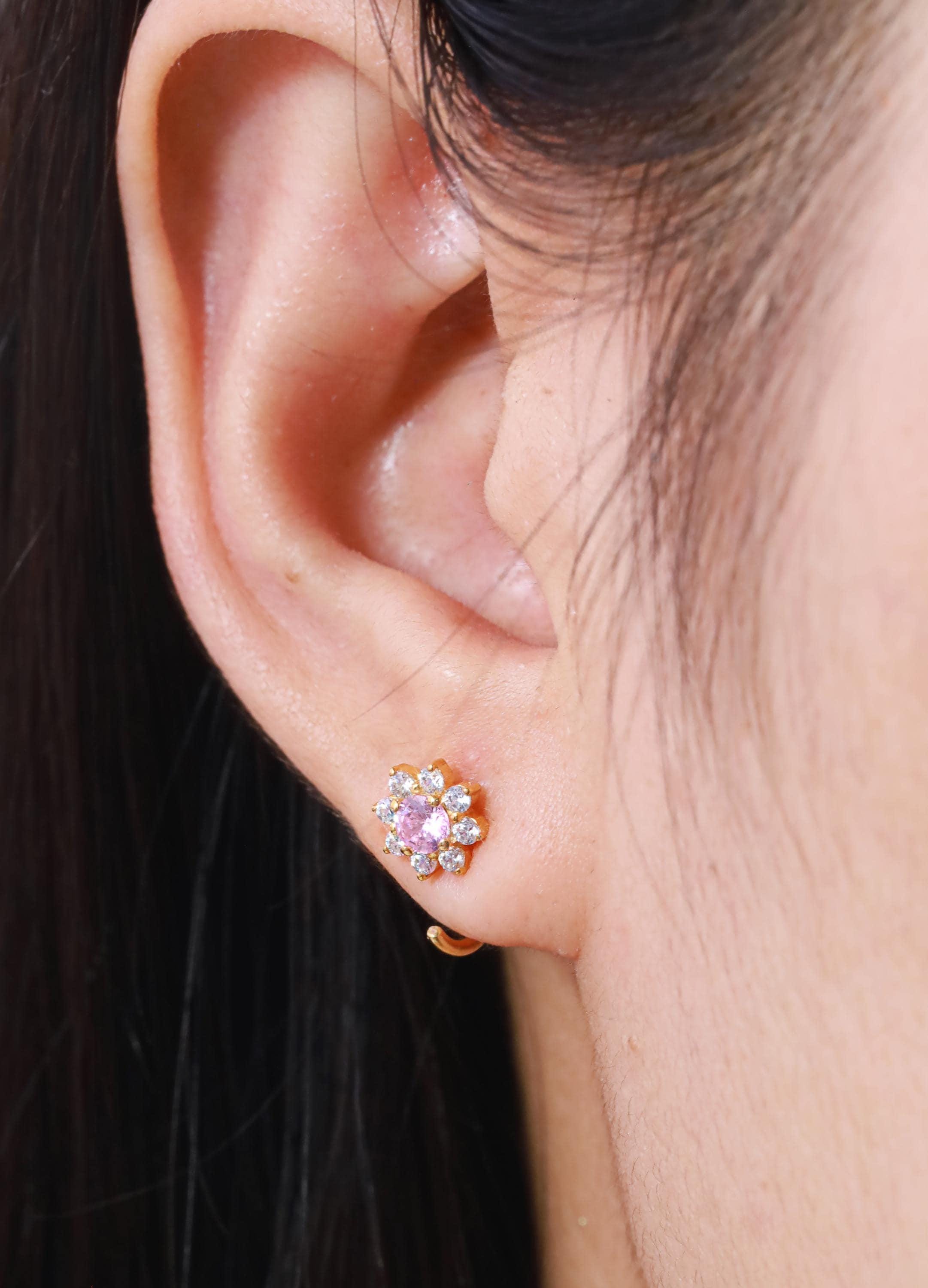 Pink Sapphire Open Huggie Earrings, Floral Open Hoops, Cluster Earrings, September Birthstone Gift for Her
