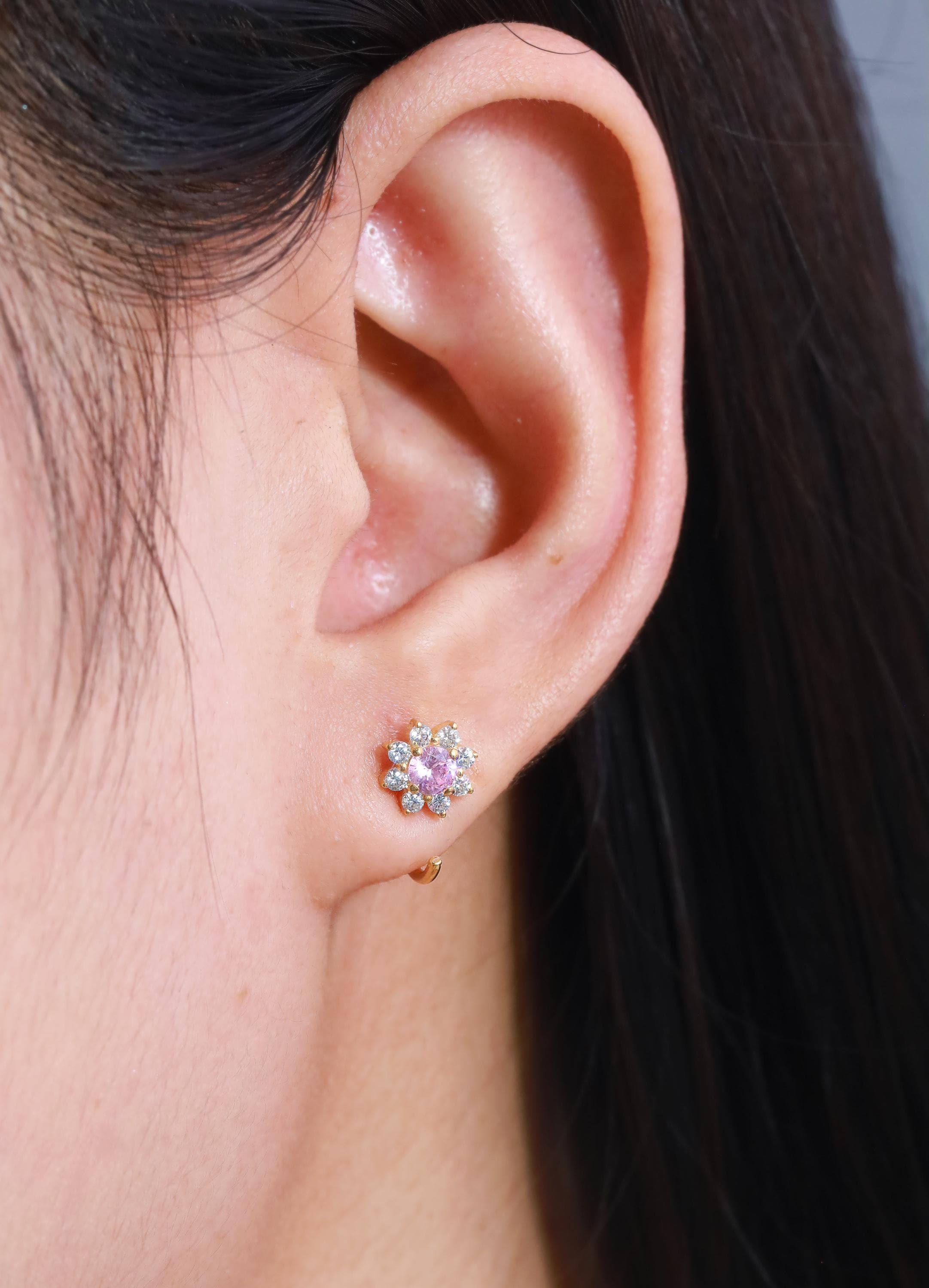 Pink Sapphire Open Huggie Earrings, Floral Open Hoops, Cluster Earrings, September Birthstone Gift for Her