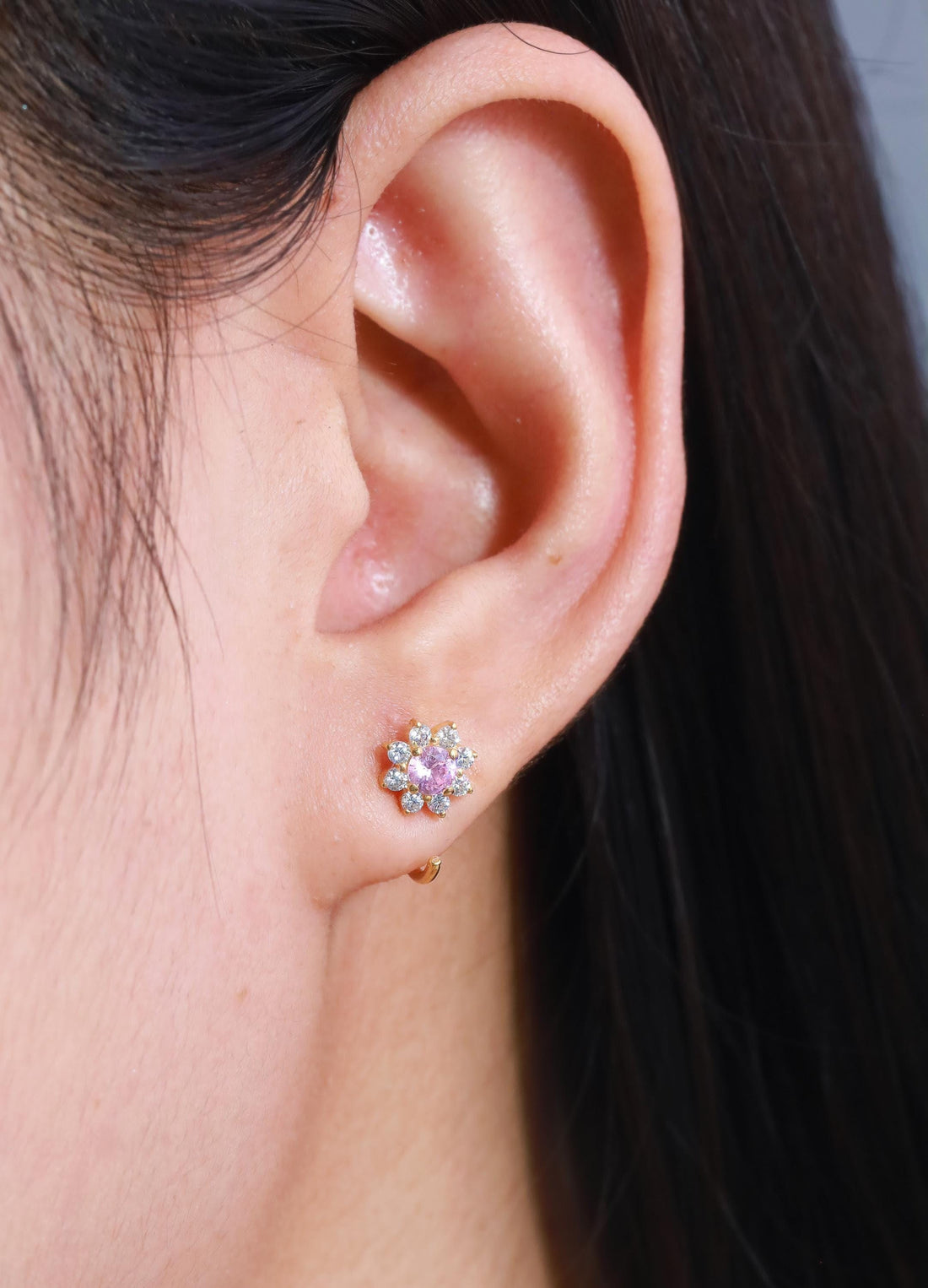 Pink Sapphire Open Huggie Earrings, Floral Open Hoops, Cluster Earrings, September Birthstone Gift for Her