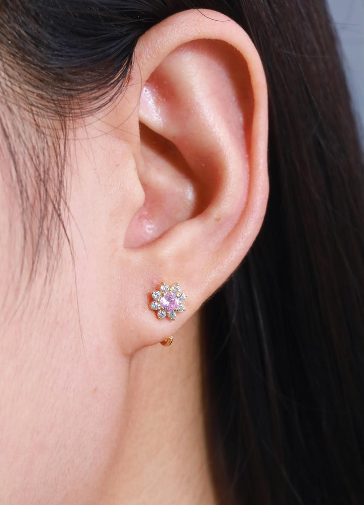 Pink Sapphire Open Huggie Earrings, Floral Open Hoops, Cluster Earrings, September Birthstone Gift for Her